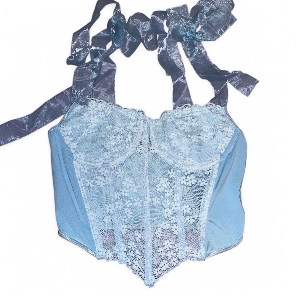 NWOT blue & white trim lace corset top with ribbon ties